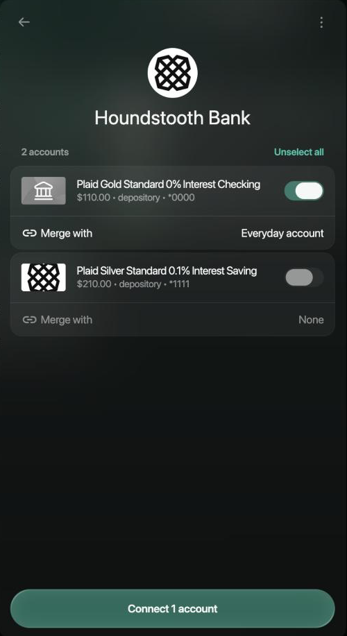 Bank panel for Houndstooth Bank in Merge with existing: the checking account merges with Everyday account, the savings account is turned off, and Connect 1 account.