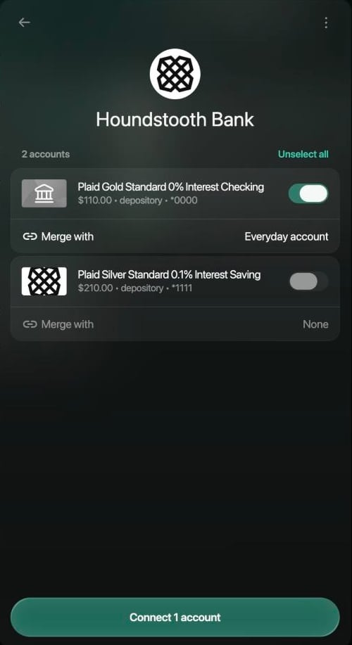 Bank panel for Houndstooth Bank in Merge with existing: the checking account merges with Everyday account, the savings account is turned off, and Connect 1 account.