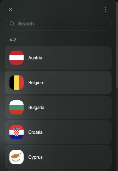 Country list for Revolut with a search field and the A-Z list: Austria, Belgium, Bulgaria, Croatia, Cyprus.