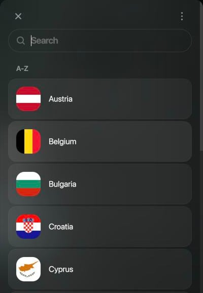 Country list for Revolut with a search field and the A-Z list: Austria, Belgium, Bulgaria, Croatia, Cyprus.