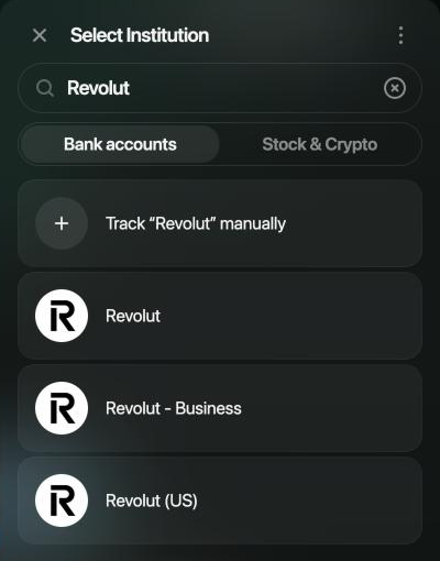 Select Institution panel with Revolut in the search, the Bank accounts and Stock & Crypto tabs, Track “Revolut” manually, and the results Revolut, Revolut - Business and Revolut (US).