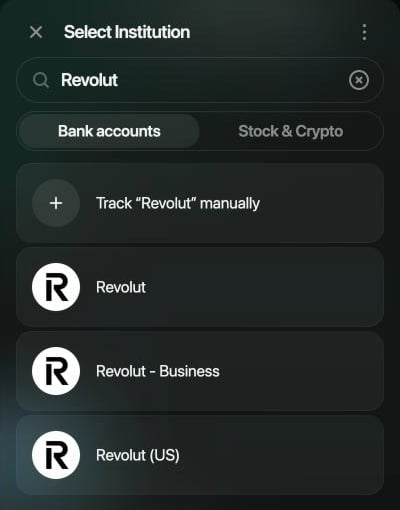 Select Institution panel with Revolut in the search, the Bank accounts and Stock & Crypto tabs, Track “Revolut” manually, and the results Revolut, Revolut - Business and Revolut (US).