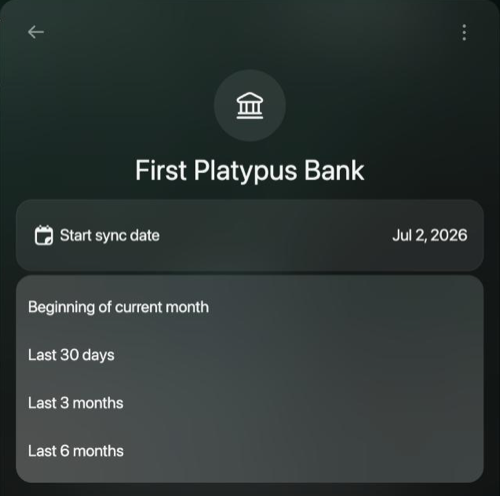 Start sync date options: Beginning of current month, Last 30 days, Last 3 months and Last 6 months.
