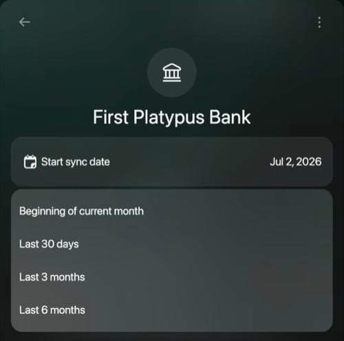 Start sync date options: Beginning of current month, Last 30 days, Last 3 months and Last 6 months.