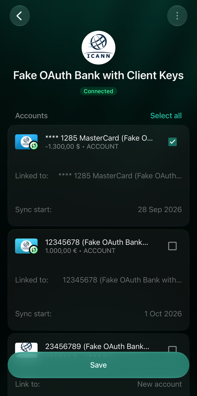 iOS bank screen with one linked account unchecked, the other still checked, and Save at the bottom.