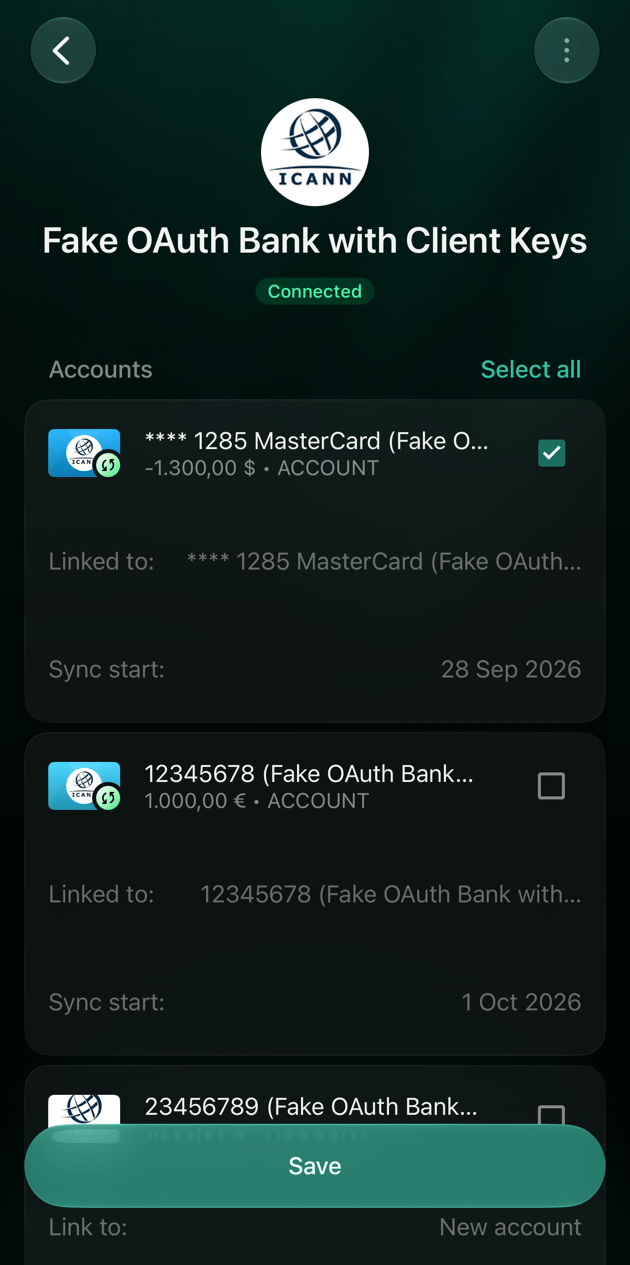 iOS bank screen with one linked account unchecked, the other still checked, and Save at the bottom.