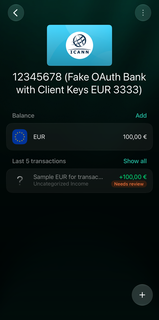 iOS account screen after disconnecting: no Connected status, Balance with Add, EUR 100,00 € and one transaction.