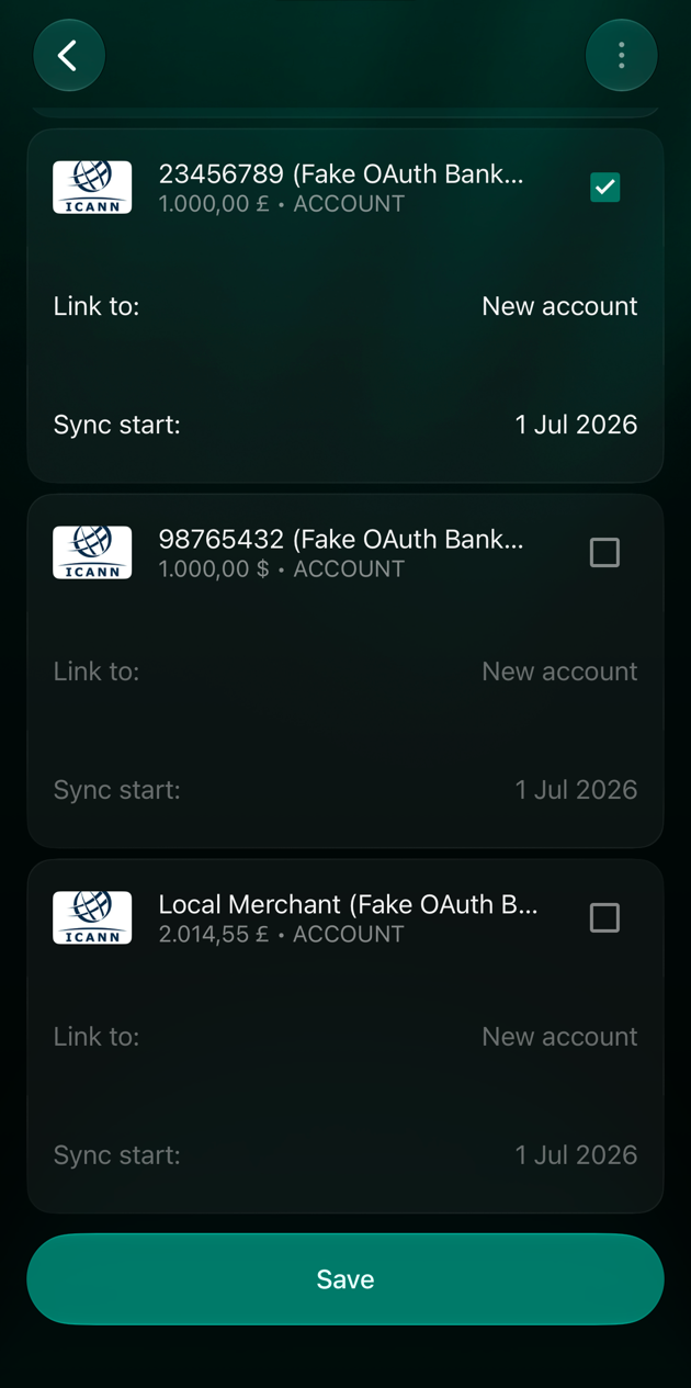 iOS bank screen with an account checked, Link to showing New account, and Save at the bottom.