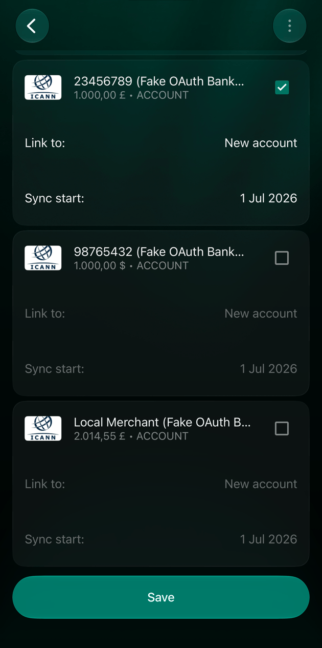iOS bank screen with an account checked, Link to showing New account, and Save at the bottom.