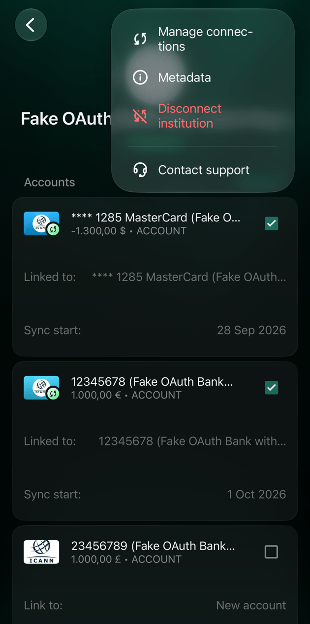 iOS bank screen with the ⋮ menu open: Manage connections, Metadata, Disconnect institution and Contact support.