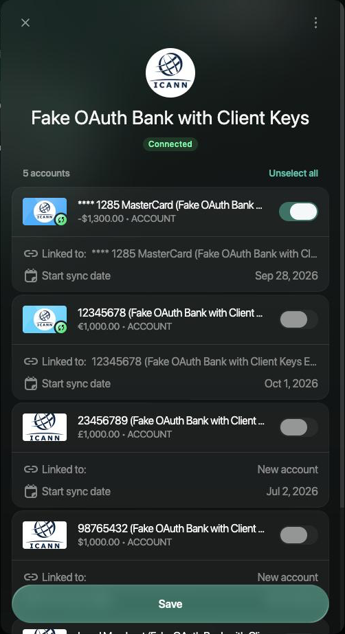 Bank panel with one linked account turned off, the other still on, and Save at the bottom.
