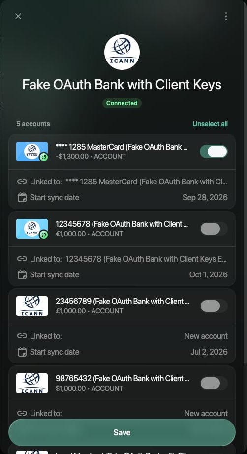 Bank panel with one linked account turned off, the other still on, and Save at the bottom.