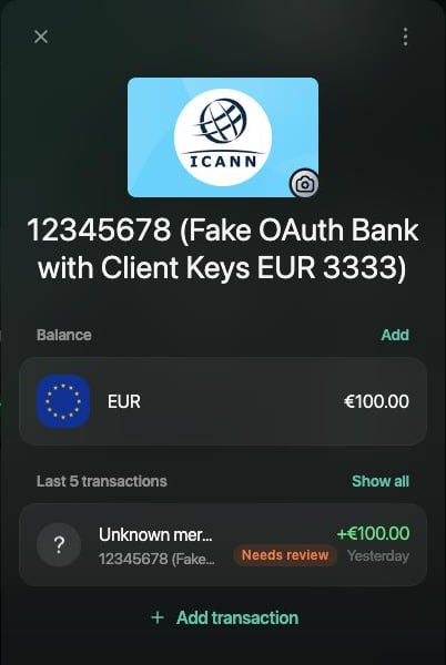 Account panel after disconnecting: no Connected status, Balance with Add, EUR 100.00 and one transaction of 100.00 EUR.