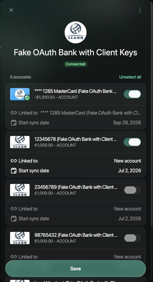Bank panel with a disconnected account turned back on, Linked to showing New account, and Save at the bottom.