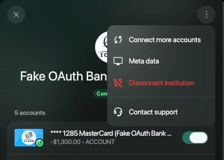 Bank panel with the ⋮ menu open: Connect more accounts, Meta data, Disconnect institution and Contact support.