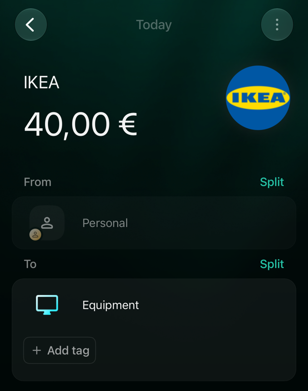Транзакція IKEA на 40,00 € у бізнес-просторі в iOS: From Personal, To Equipment