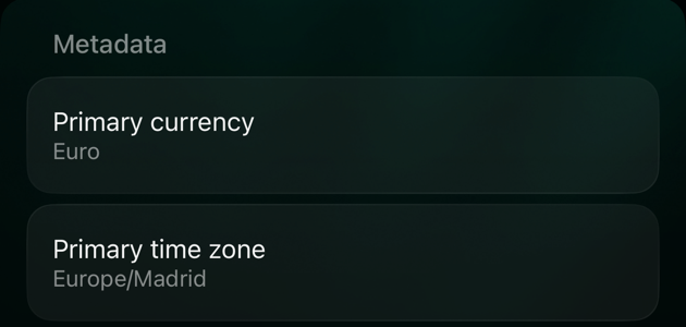 Метадані в iOS: Primary currency Euro і Primary time zone Europe/Madrid