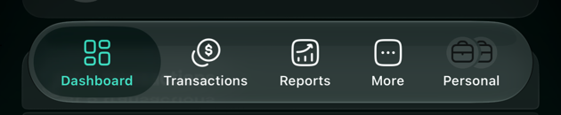 Панель вкладок iOS: Dashboard, Transactions, Reports, More і п'ята вкладка Personal із двома значками просторів