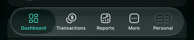 La barra de pestañas de iOS: Dashboard, Transactions, Reports, More y una quinta pestaña llamada Personal con dos iconos de espacio