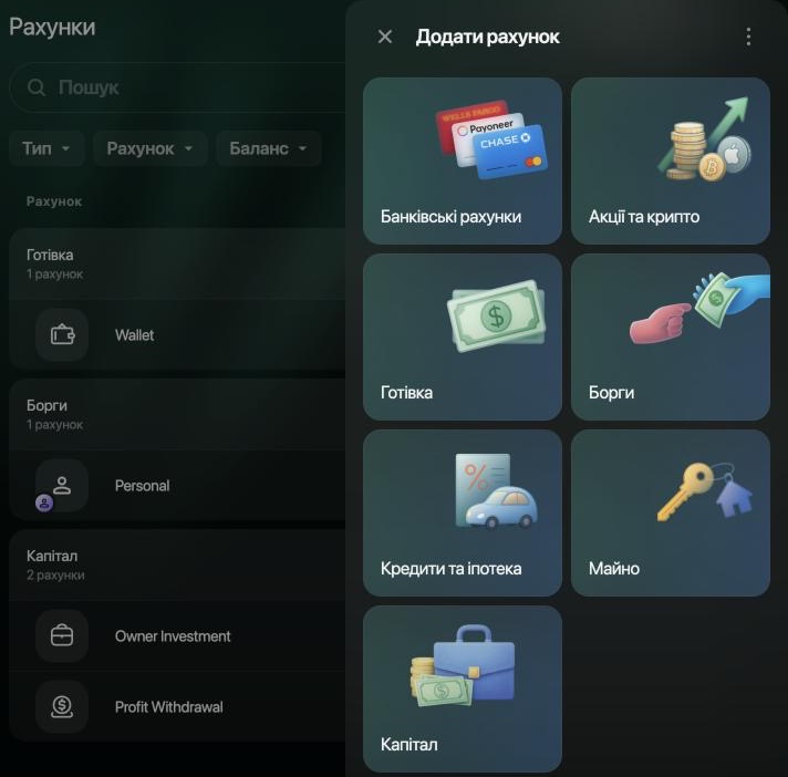 Рахунки нового бізнес-простору: Готівка з Wallet, Борги з Personal, Капітал з Owner Investment і Profit Withdrawal; панель Додати рахунок пропонує Банківські рахунки, Акції та крипто, Готівку, Борги, Кредити та іпотеку, Майно й Капітал