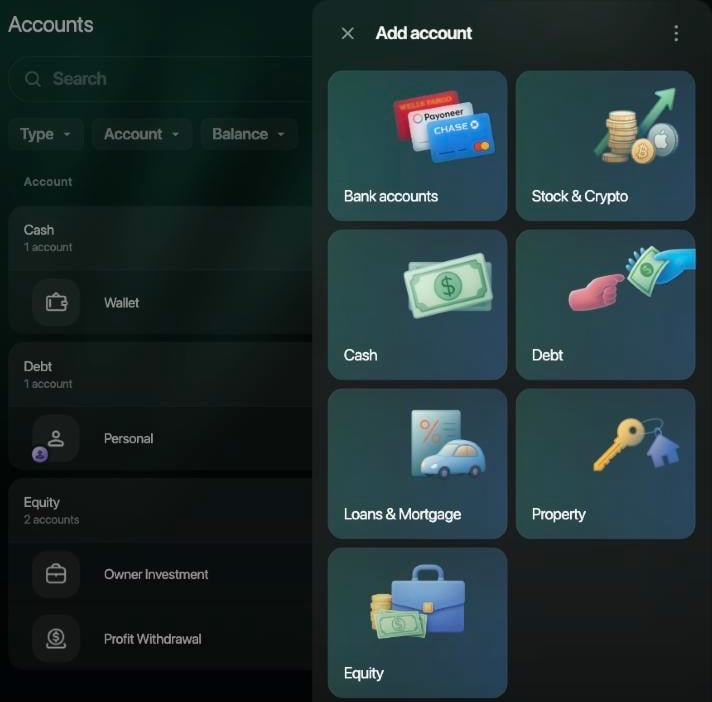 Cuentas de un espacio de negocios nuevo: Cash con Wallet, Debt con Personal, Equity con Owner Investment y Profit Withdrawal; el panel Add account ofrece Bank accounts, Stock & Crypto, Cash, Debt, Loans & Mortgage, Property y Equity