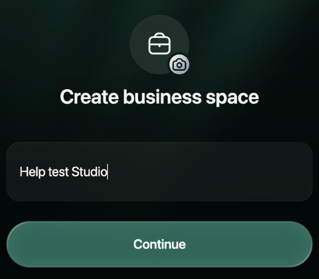Create business space: a briefcase picture with a camera icon, the name Help test Studio and the Continue button