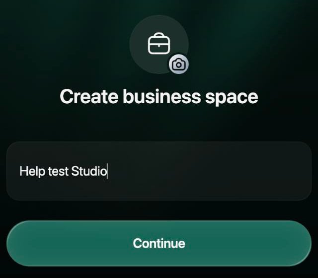 Create business space: una imagen de maletín con un icono de cámara, el nombre Help test Studio y el botón Continue
