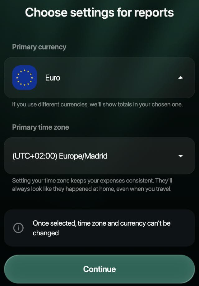 Choose settings for reports: Primary currency Euro, Primary time zone (UTC+02:00) Europe/Madrid, the note Once selected, time zone and currency can't be changed, and the Continue button