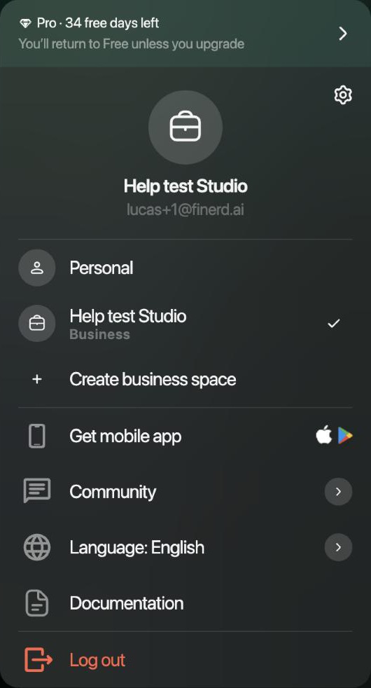 The space menu on the web: the trial banner Pro · 34 free days left, the open space Help test Studio, the list Personal and Help test Studio with the label Business and a check mark, then Create business space