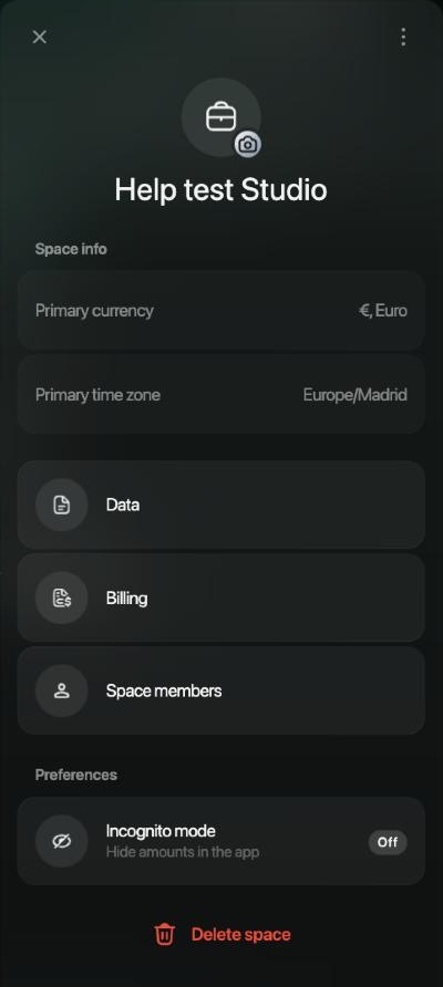 Space settings of Help test Studio: Space info with Primary currency €, Euro and Primary time zone Europe/Madrid, then Data, Billing, Space members, Preferences with Incognito mode, and Delete space