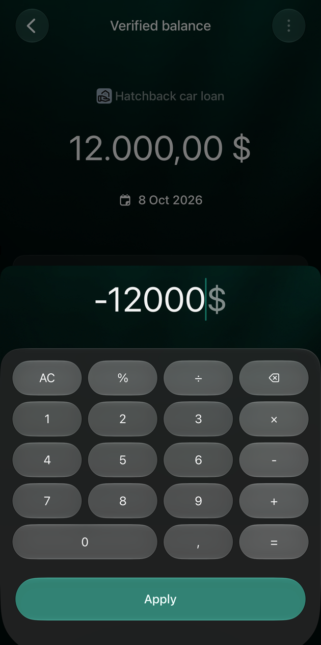Перевірений баланс Hatchback car loan в iOS: відкритий калькулятор, введено −12000 доларів, кнопка Apply.