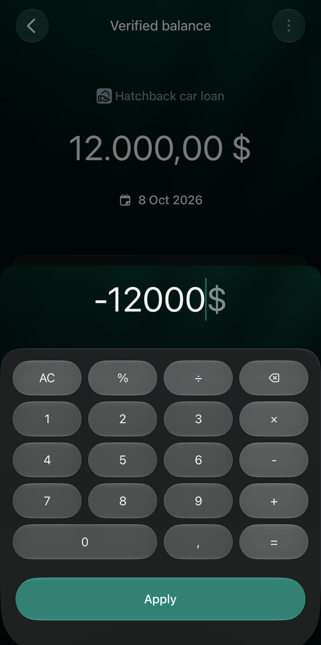 Перевірений баланс Hatchback car loan в iOS: відкритий калькулятор, введено −12000 доларів, кнопка Apply.