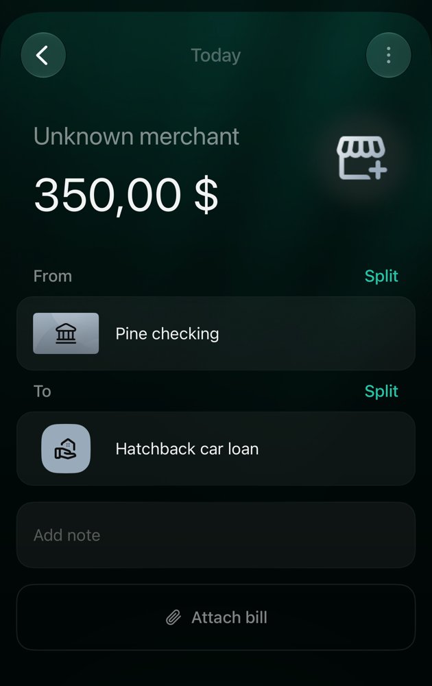 Транзакція в iOS на 350,00 доларів із назвою Unknown merchant, з Pine checking на Hatchback car loan, кнопки Split біля From і To та Save.