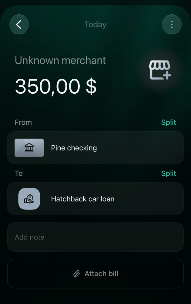 Транзакція в iOS на 350,00 доларів із назвою Unknown merchant, з Pine checking на Hatchback car loan, кнопки Split біля From і To та Save.