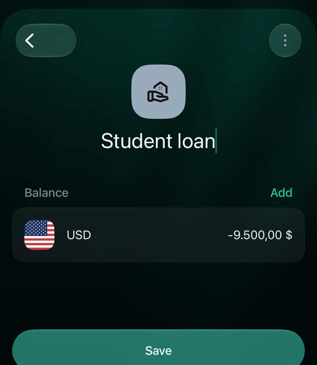 Екран перевірки Student loan в iOS: баланс USD −9.500,00 доларів і кнопка Save.