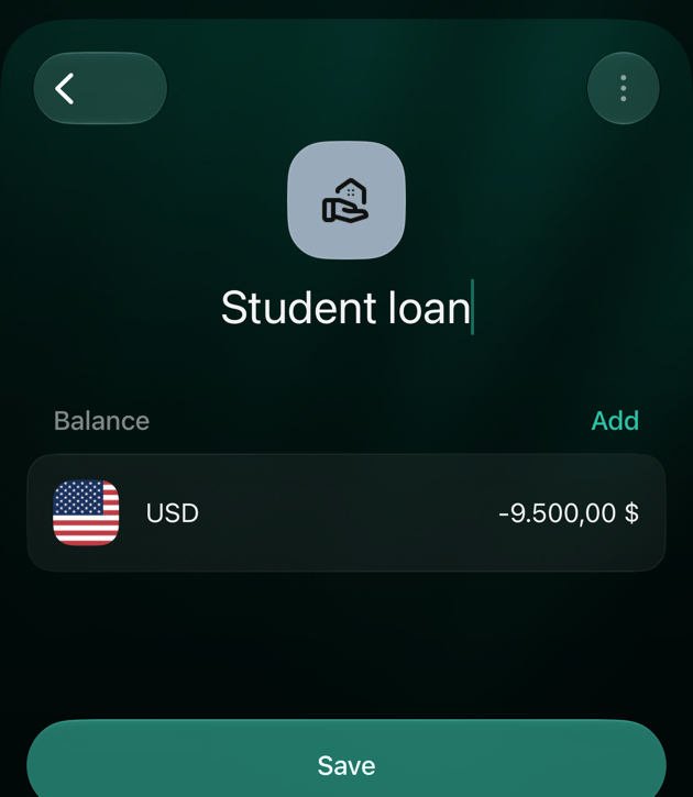 Екран перевірки Student loan в iOS: баланс USD −9.500,00 доларів і кнопка Save.