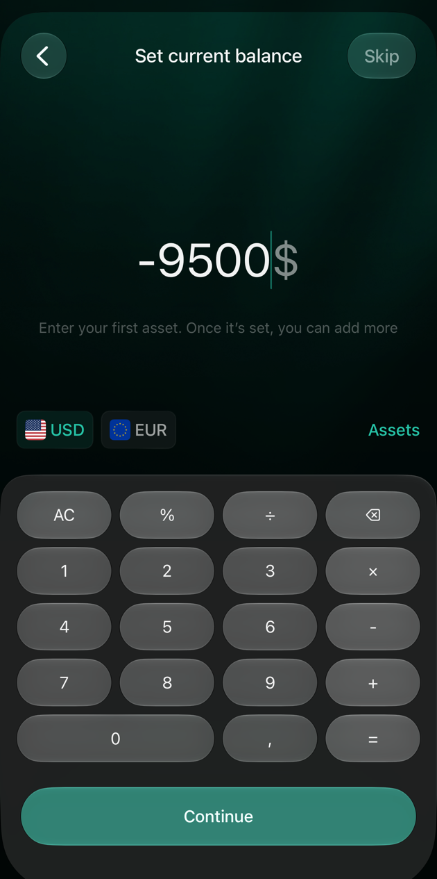 Екран Set current balance в iOS: введено −9500 доларів, вибрано USD, кнопка Continue.