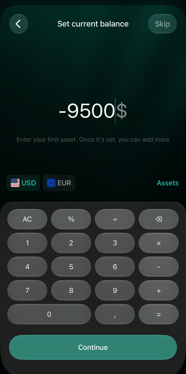 Екран Set current balance в iOS: введено −9500 доларів, вибрано USD, кнопка Continue.