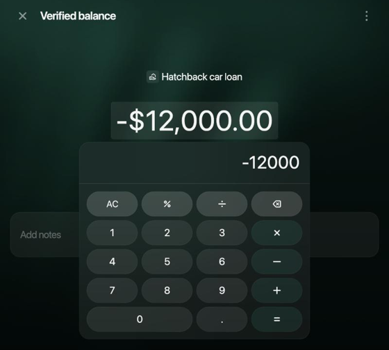Verified balance for Hatchback car loan with the calculator open and −12000 entered.