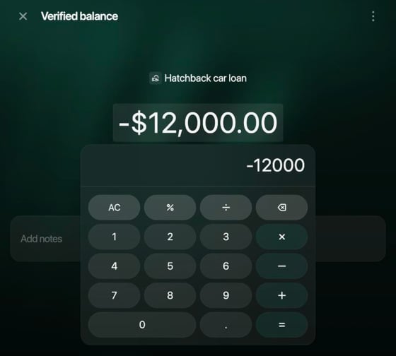 Verified balance for Hatchback car loan with the calculator open and −12000 entered.