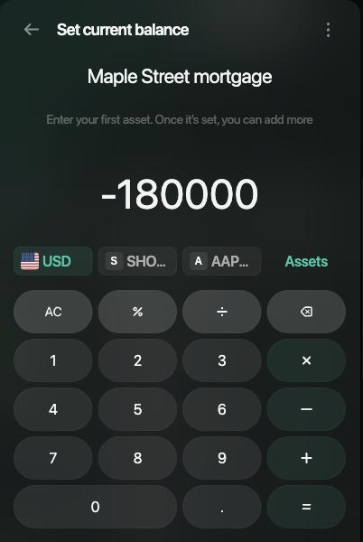Set current balance panel for Maple Street mortgage with −180000 in USD entered and the calculator below.