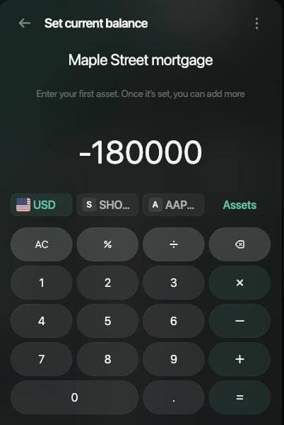 Set current balance panel for Maple Street mortgage with −180000 in USD entered and the calculator below.