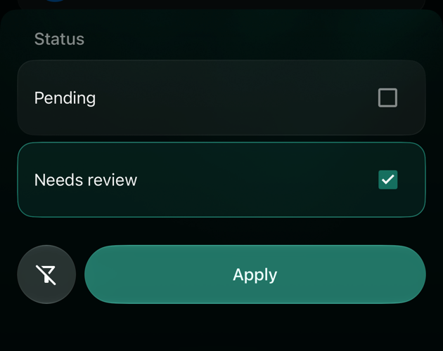 iOS Status filter with two options, Pending and Needs review; Needs review is checked, with an Apply button below.