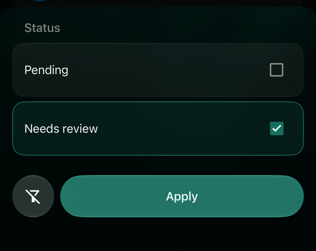 iOS Status filter with two options, Pending and Needs review; Needs review is checked, with an Apply button below.