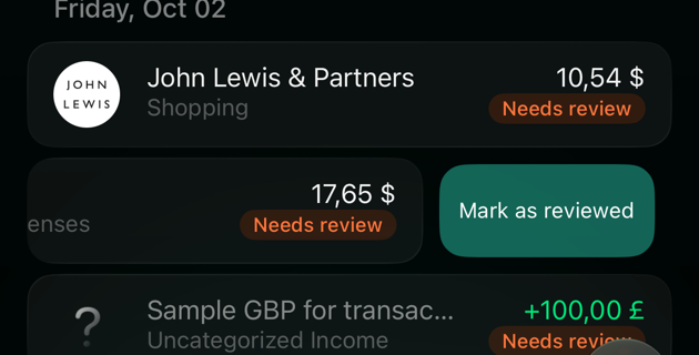 iOS Transactions list with the Boots row of 17.65 dollars swiped left, showing a Mark as reviewed button.