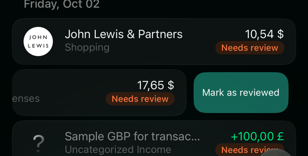 iOS Transactions list with the Boots row of 17.65 dollars swiped left, showing a Mark as reviewed button.