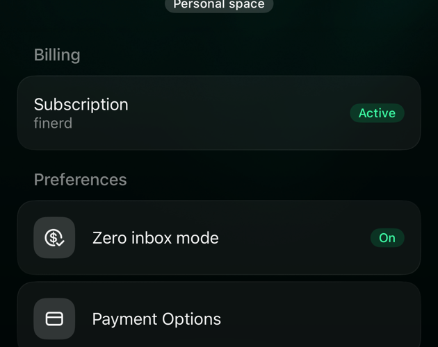 iOS space settings: Billing with Subscription Active, then Preferences with Zero inbox mode On, Payment Options and Currency symbols.