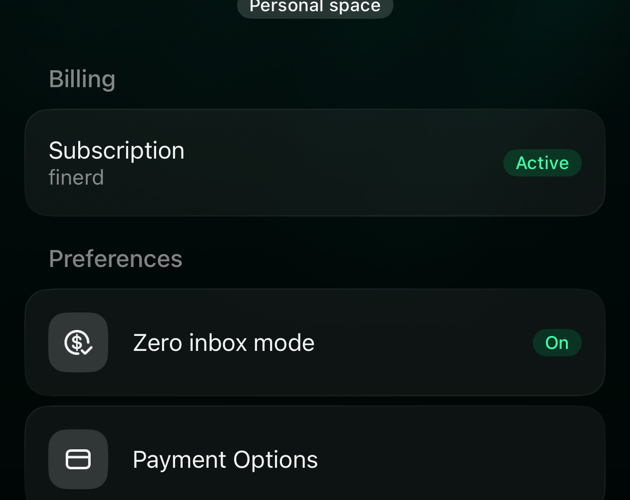 iOS space settings: Billing with Subscription Active, then Preferences with Zero inbox mode On, Payment Options and Currency symbols.