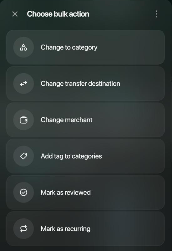 Choose bulk action: Change to category, Change transfer destination, Change merchant, Add tag to categories, Mark as reviewed, Mark as recurring.