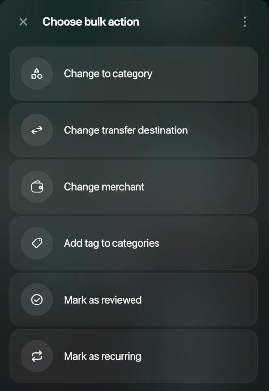 Choose bulk action: Change to category, Change transfer destination, Change merchant, Add tag to categories, Mark as reviewed, Mark as recurring.